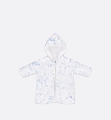 Bathrobe • Pale Blue Satin and White Cotton Terry with Toile de Jouy Print