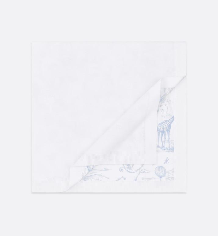 Blanket • White Cotton Knit Blanket with Pale Blue Toile de Jouy Print