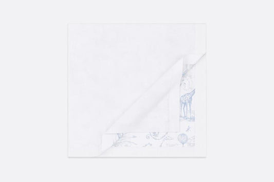 Blanket • White Cotton Knit Blanket with Pale Blue Toile de Jouy Print