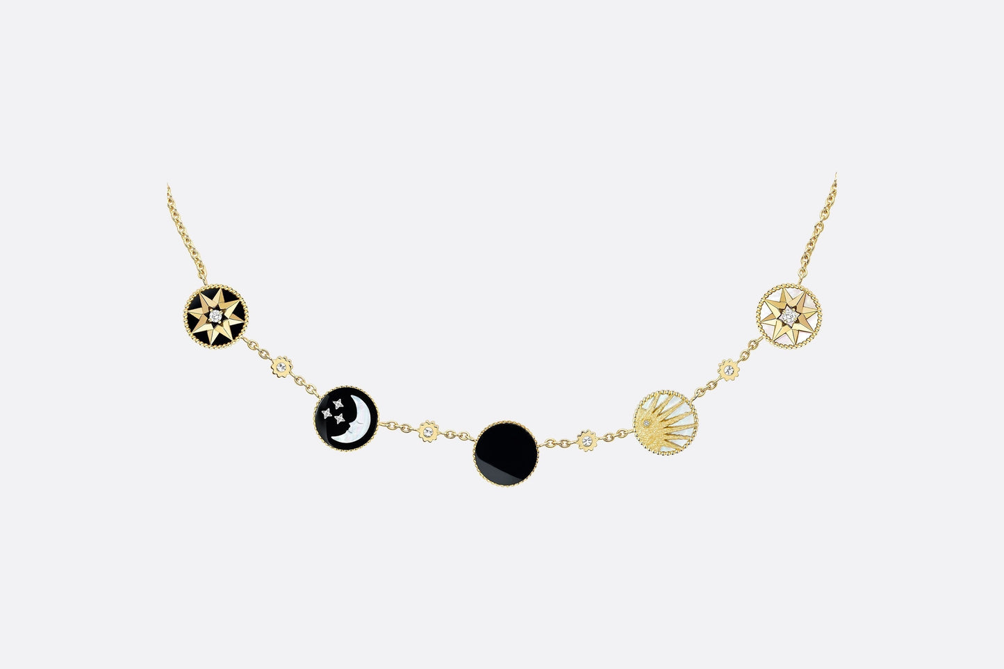 Rose Des Vents and Rose Céleste Necklace • Yellow and White Gold, Diamond, Mother-of-Pearl and Onyx
