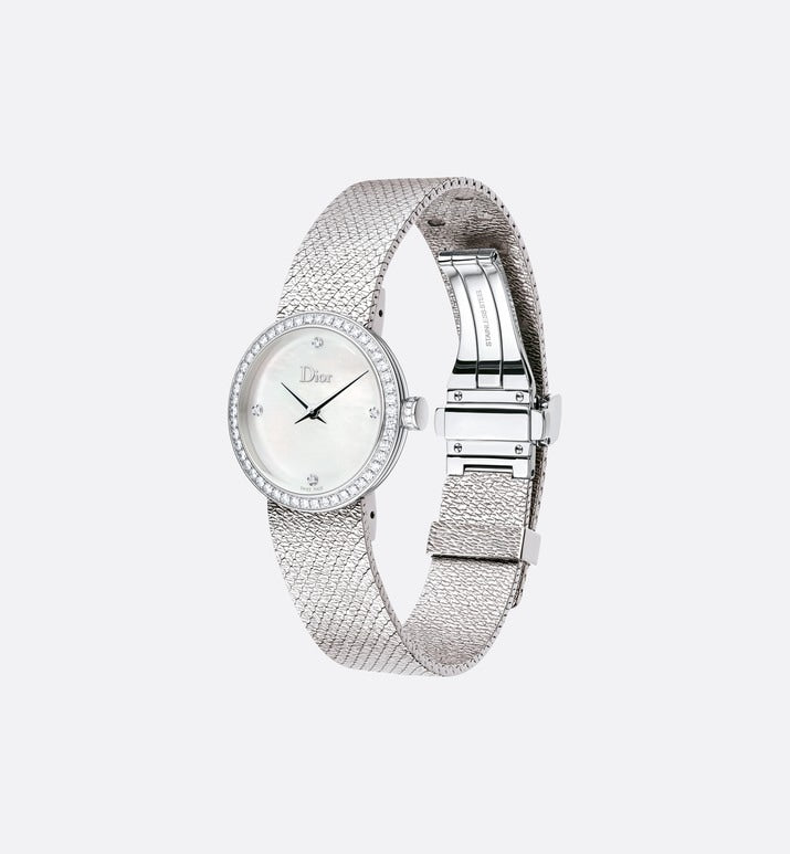 La D de Dior Satine • Ø 25 mm, Steel, White Mother-Of-Pearl and Diamonds