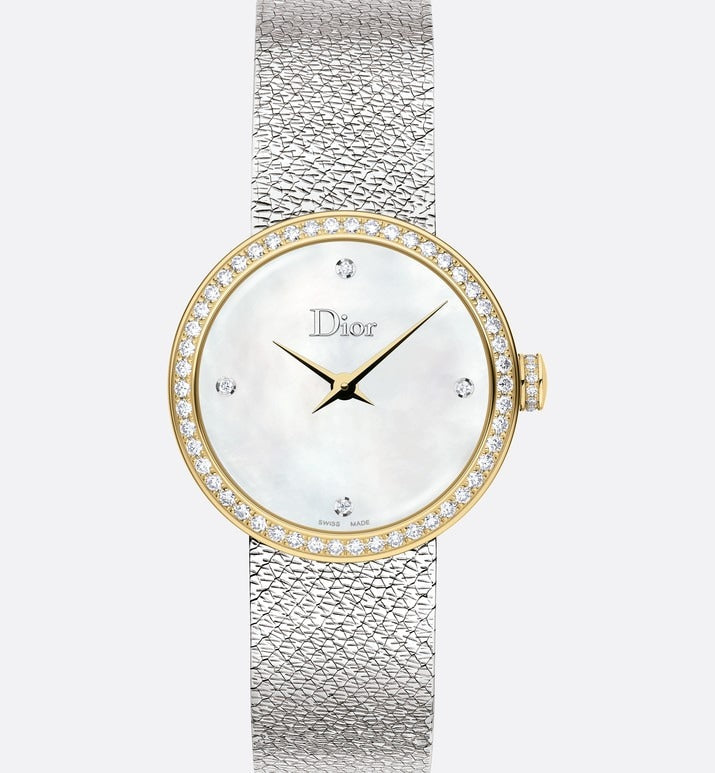 La D de Dior Satine • Ø 25 mm, Steel, Yellow Gold, White Mother-Of-Pearl and Diamonds