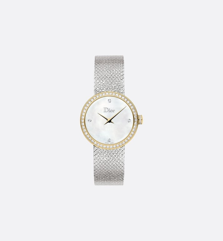 La D de Dior Satine • Ø 25 mm, Steel, Yellow Gold, White Mother-Of-Pearl and Diamonds