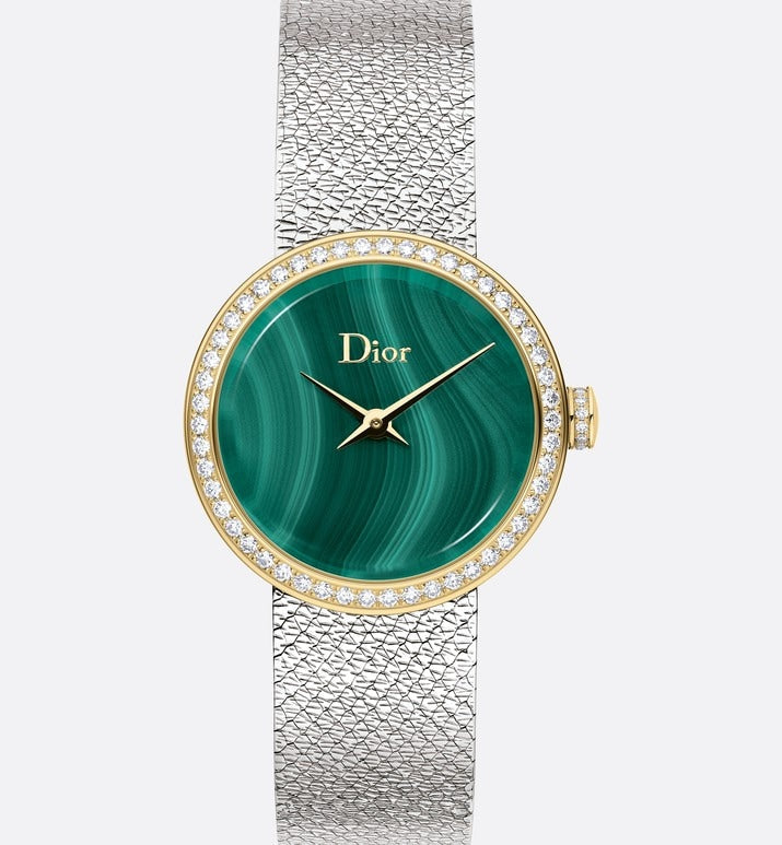 La D de Dior Satine • Ø 25 mm, Steel, Yellow Gold, Malachite and Diamonds