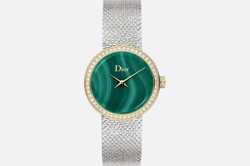 La D de Dior Satine • Ø 25 mm, Steel, Yellow Gold, Malachite and Diamonds