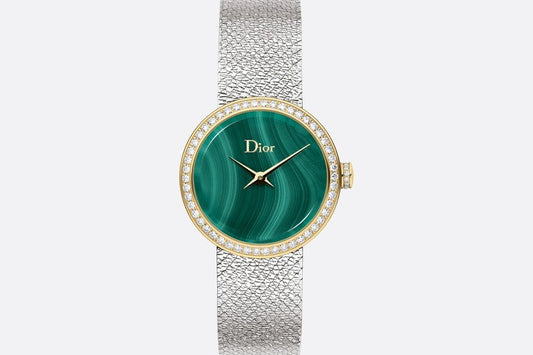 La D de Dior Satine • Ø 25 mm, Steel, Yellow Gold, Malachite and Diamonds