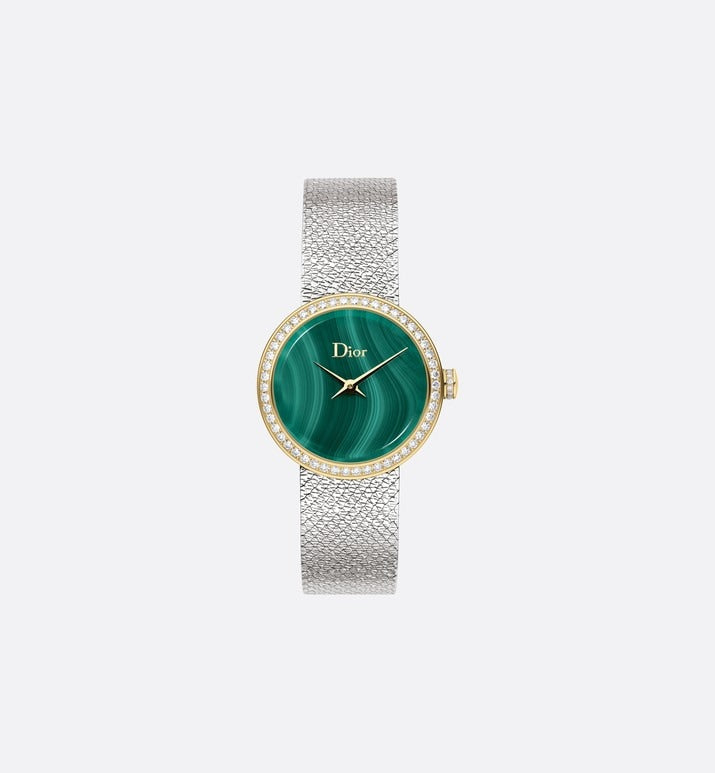 La D de Dior Satine • Ø 25 mm, Steel, Yellow Gold, Malachite and Diamonds