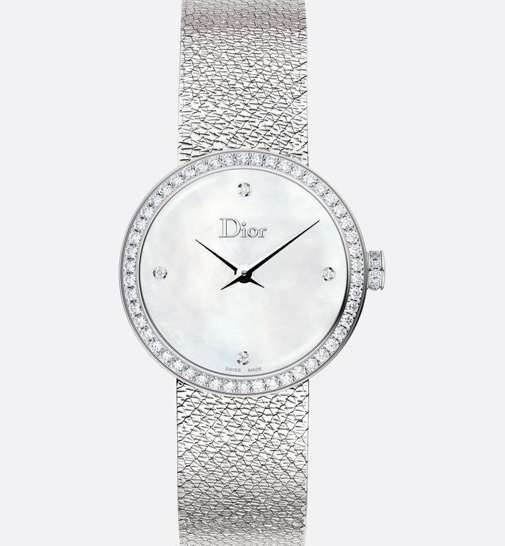 La D de Dior Satine • Ø 25 mm, Steel, White Mother-Of-Pearl and Diamonds