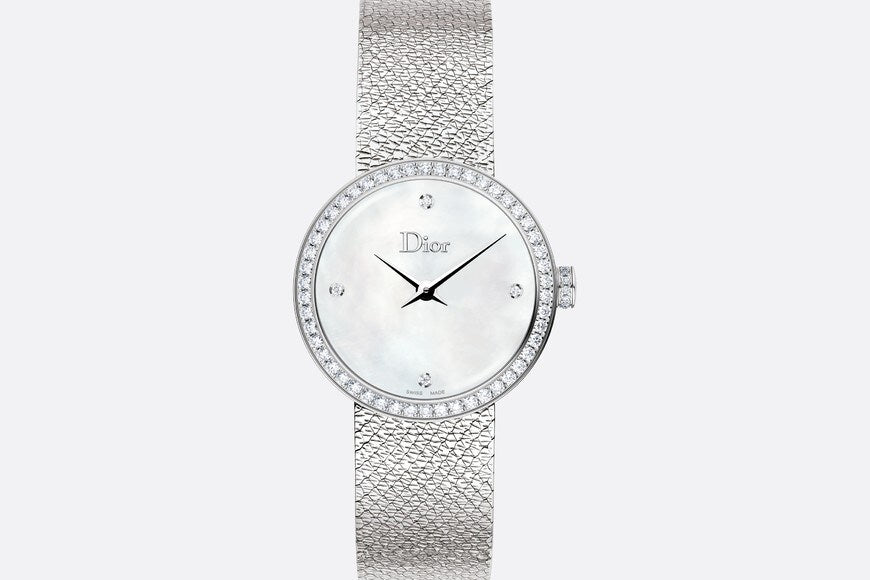 La D de Dior Satine • Ø 25 mm, Steel, White Mother-Of-Pearl and Diamonds