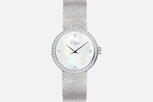 La D de Dior Satine • Ø 25 mm, Steel, White Mother-Of-Pearl and Diamonds