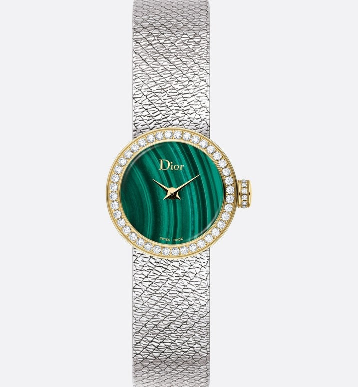 La Mini D de Dior Satine • Ø 19 mm, Steel, Yellow Gold, Malachite and Diamonds