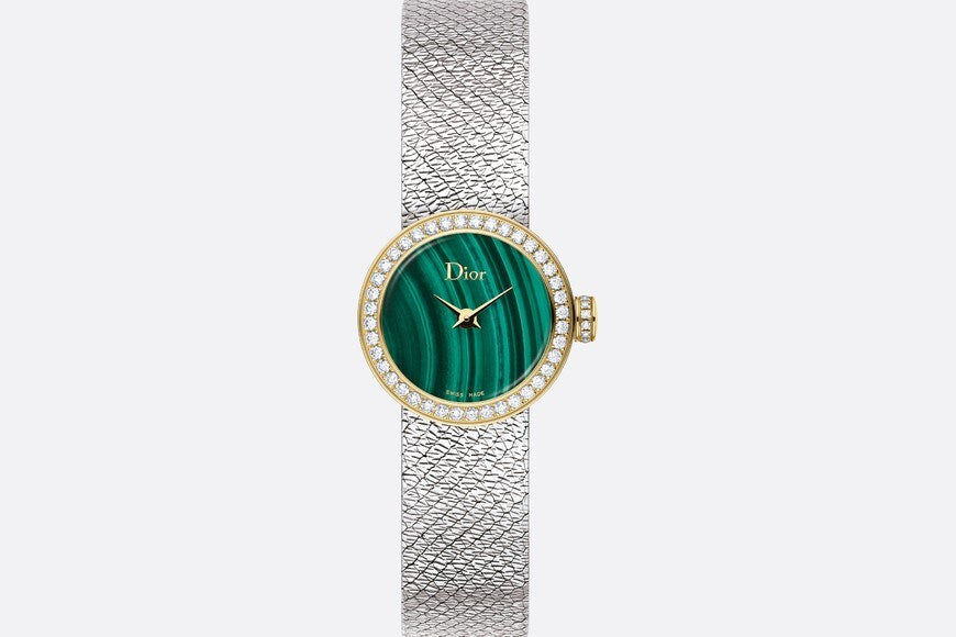 La Mini D de Dior Satine • Ø 19 mm, Steel, Yellow Gold, Malachite and Diamonds