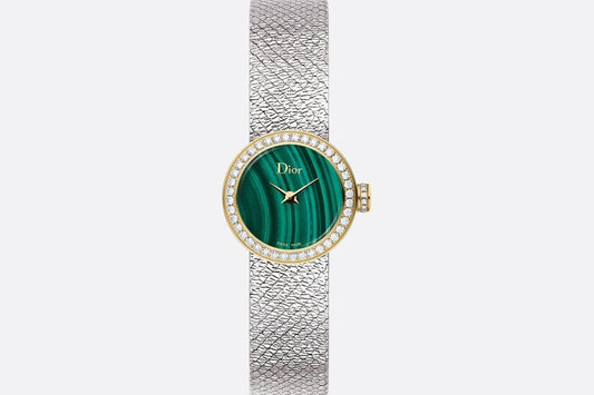 La Mini D de Dior Satine • Ø 19 mm, Steel, Yellow Gold, Malachite and Diamonds