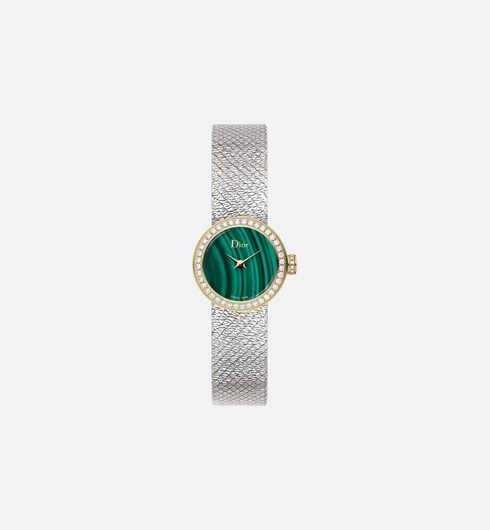 La Mini D de Dior Satine • Ø 19 mm, Steel, Yellow Gold, Malachite and Diamonds