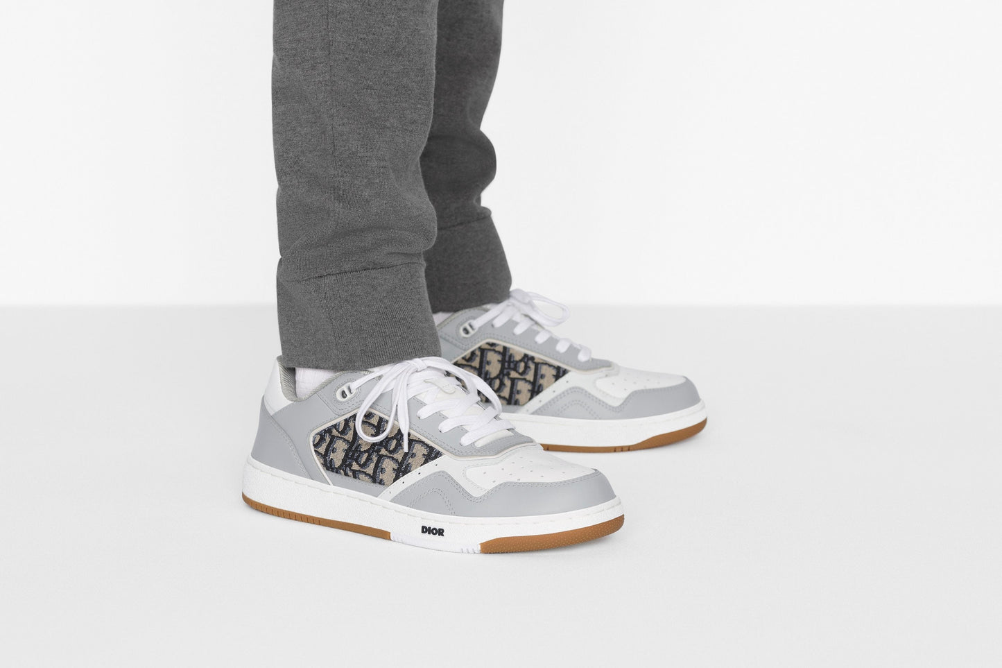 B27 Low-Top Sneaker • Gray and White Smooth Calfskin with Beige and Black Dior Oblique Jacquard