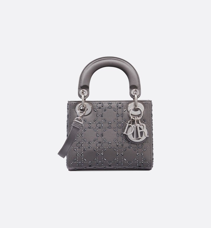 Mini Lady Dior Bag • Gray Strass Cannage Satin