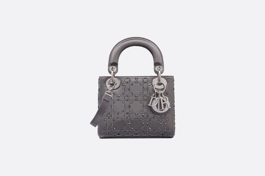 Mini Lady Dior Bag • Gray Strass Cannage Satin