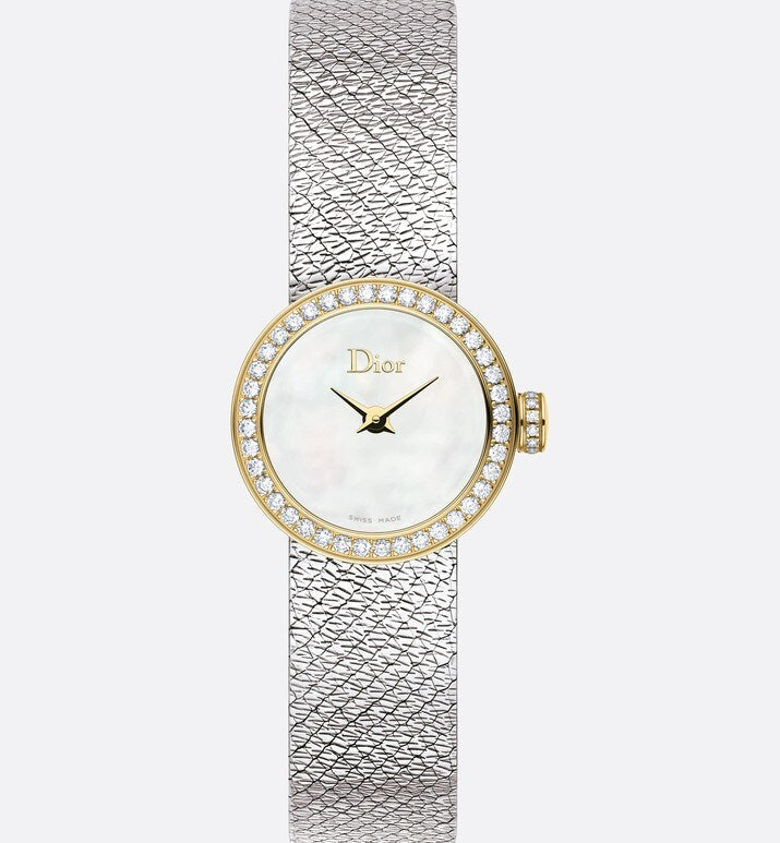 La Mini D de Dior Satine • Ø 19 mm, Steel, Yellow Gold, White Mother-Of-Pearl and Diamonds