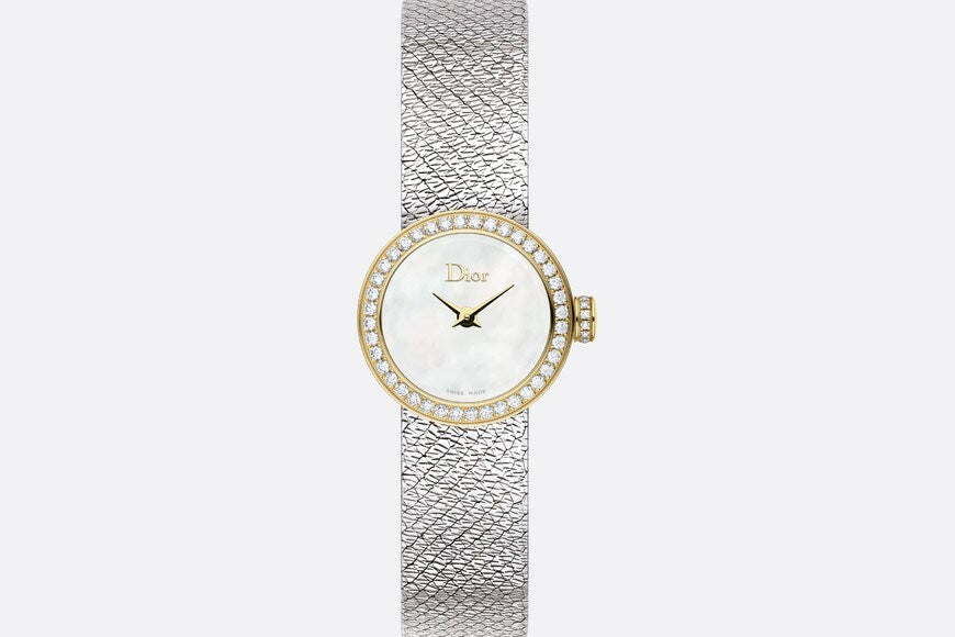 La Mini D de Dior Satine • Ø 19 mm, Steel, Yellow Gold, White Mother-Of-Pearl and Diamonds