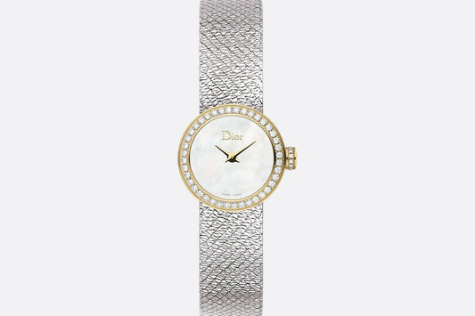 La Mini D de Dior Satine • Ø 19 mm, Steel, Yellow Gold, White Mother-Of-Pearl and Diamonds