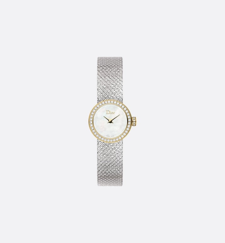La Mini D de Dior Satine • Ø 19 mm, Steel, Yellow Gold, White Mother-Of-Pearl and Diamonds