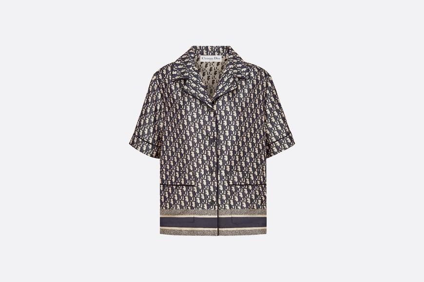 Short-Sleeved Pajama Jacket • Navy Blue and White Silk Twill with Dior Oblique Motif