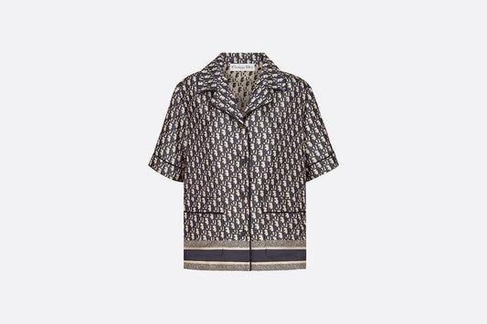 Short-Sleeved Pajama Jacket • Navy Blue and White Silk Twill with Dior Oblique Motif