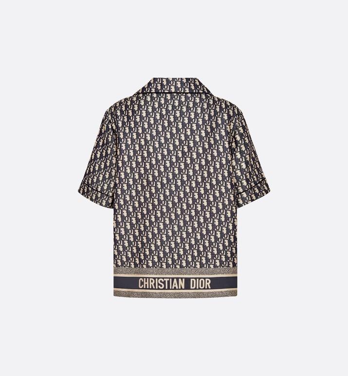 Short-Sleeved Pajama Jacket • Navy Blue and White Silk Twill with Dior Oblique Motif