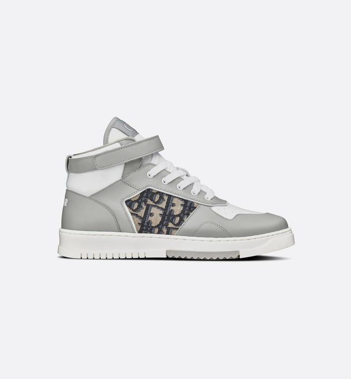B27 High-Top Sneaker • Gray and White Smooth Calfskin with Beige and Black Dior Oblique Jacquard
