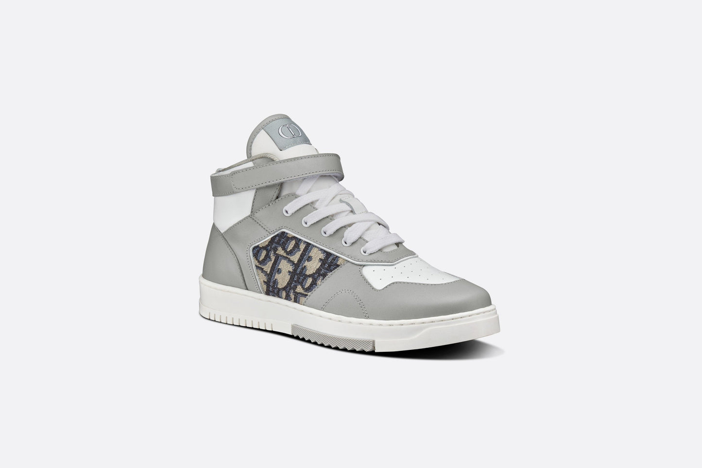B27 High-Top Sneaker • Gray and White Smooth Calfskin with Beige and Black Dior Oblique Jacquard