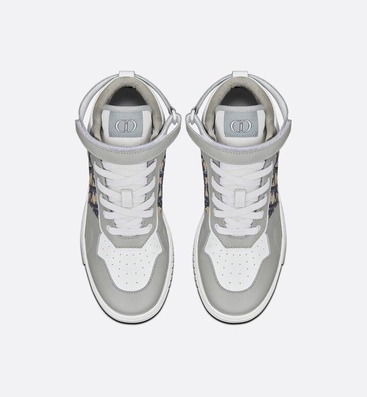 B27 High-Top Sneaker • Gray and White Smooth Calfskin with Beige and Black Dior Oblique Jacquard