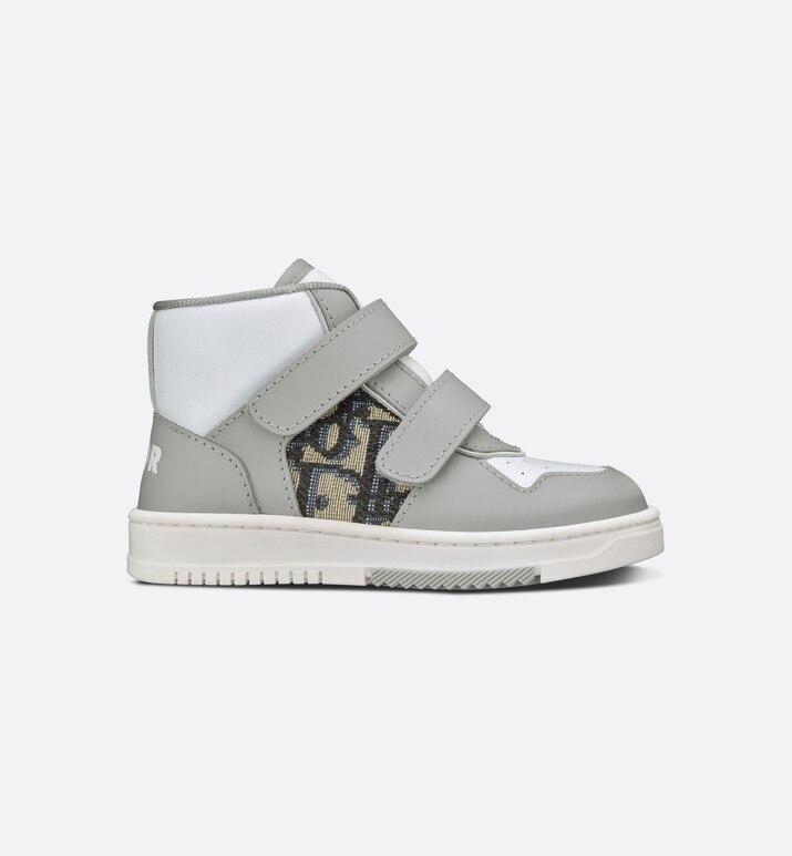 B27 High-Top Sneaker • Gray and White Smooth Calfskin with Beige and Black Dior Oblique Jacquard