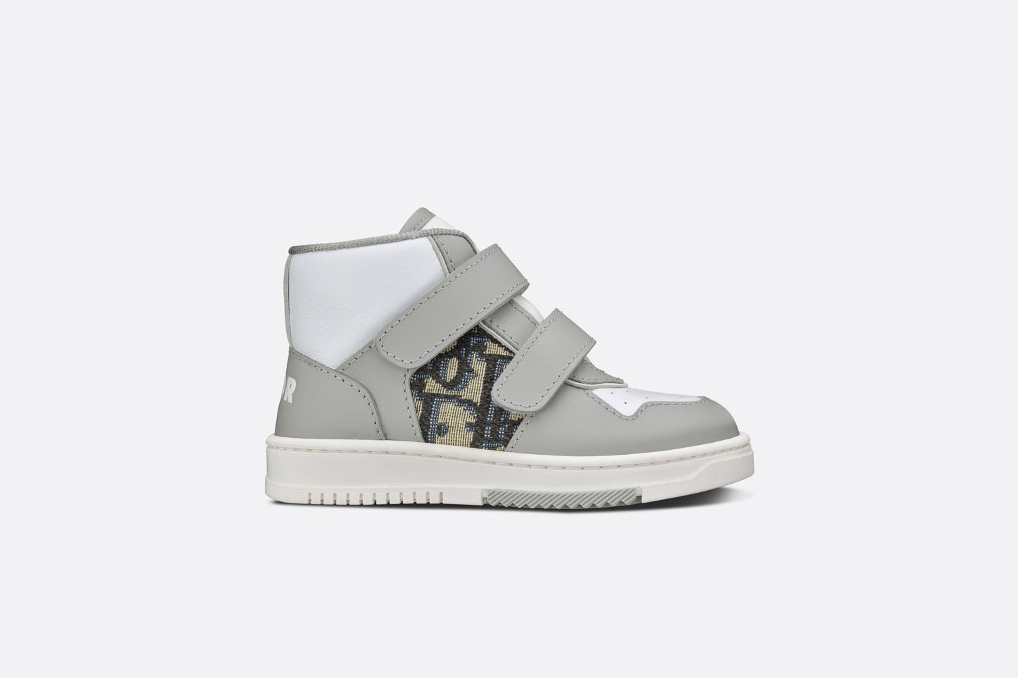B27 High-Top Sneaker • Gray and White Smooth Calfskin with Beige and Black Dior Oblique Jacquard