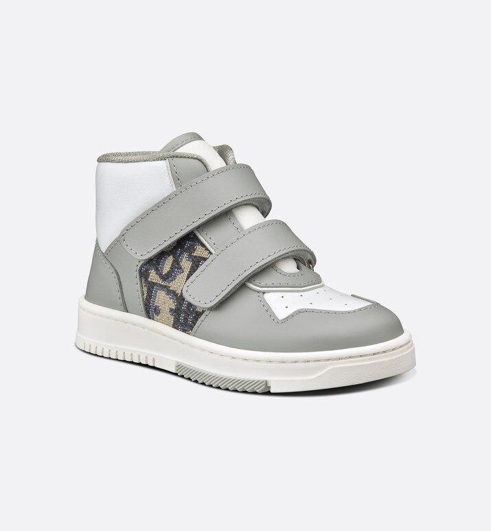 B27 High-Top Sneaker • Gray and White Smooth Calfskin with Beige and Black Dior Oblique Jacquard