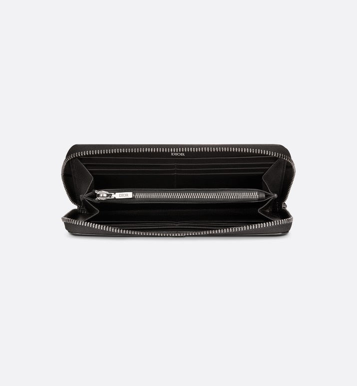 Zipped Long Wallet • Black Grained Calfskin with 'CD Icon' Signature