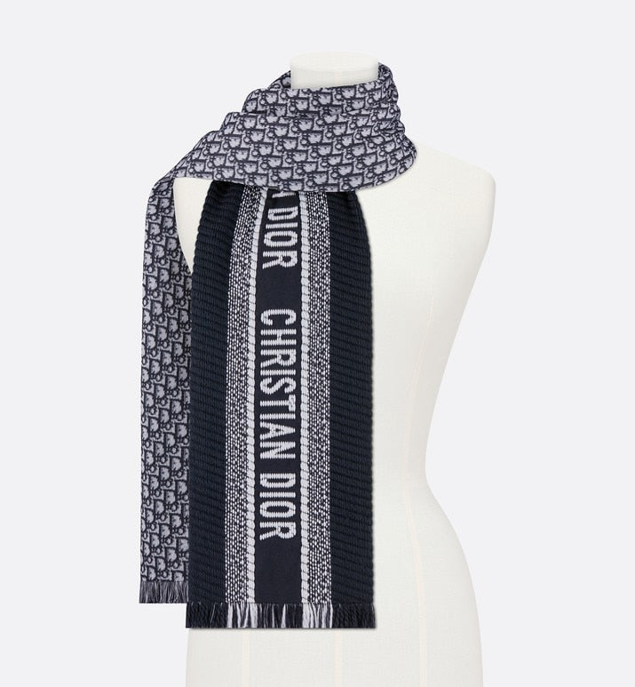 Dior Oblique University Reversible Scarf • Navy Blue Wool and Silk