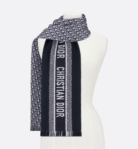 Dior Oblique University Reversible Scarf • Navy Blue Wool and Silk
