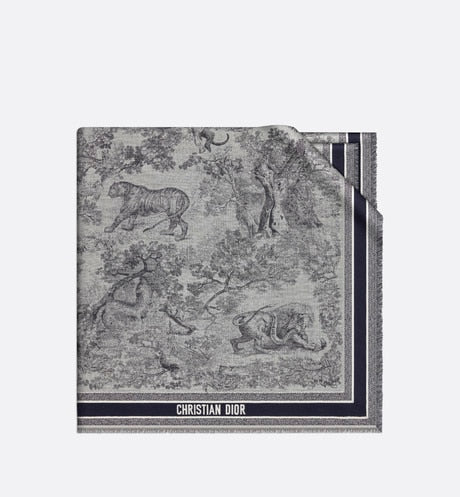 Toile de Jouy Shawl  • Ivory and Blue Wool, Silk and Cotton