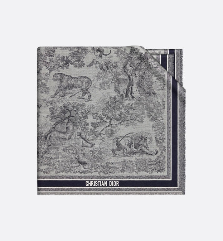 Toile de Jouy Shawl  • Ivory and Blue Wool, Silk and Cotton