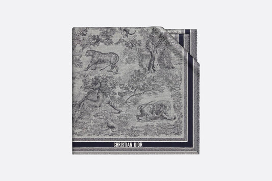 Toile de Jouy Shawl  • Ivory and Blue Wool, Silk and Cotton