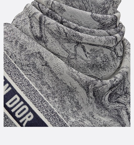 Toile de Jouy Shawl  • Ivory and Blue Wool, Silk and Cotton