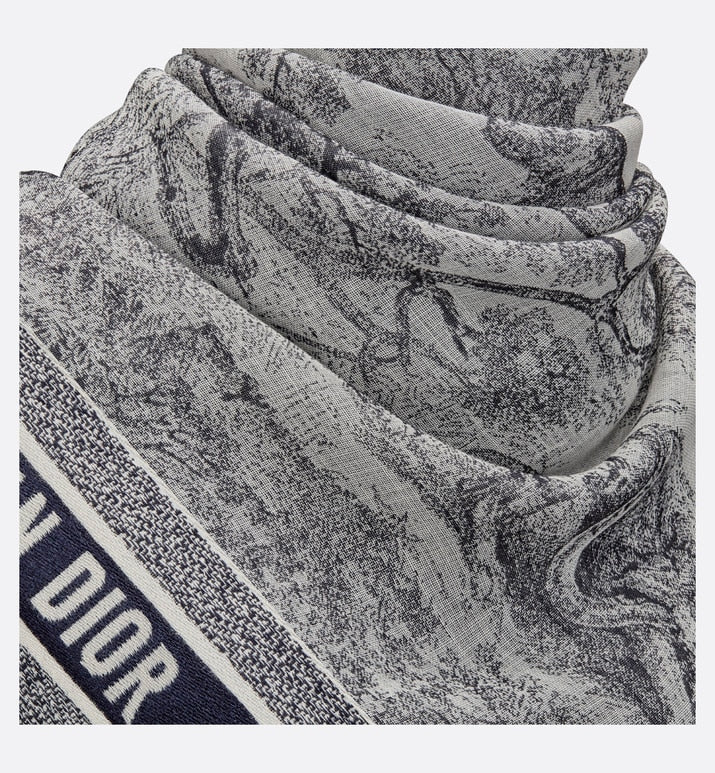 Toile de Jouy Shawl  • Ivory and Blue Wool, Silk and Cotton