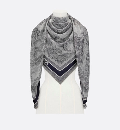 Toile de Jouy Shawl  • Ivory and Blue Wool, Silk and Cotton