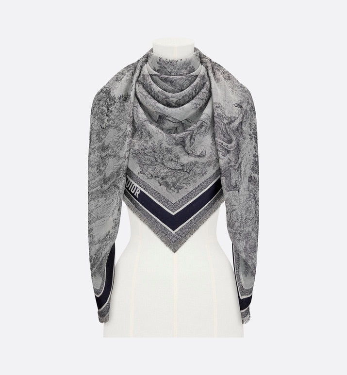 Toile de Jouy Shawl  • Ivory and Blue Wool, Silk and Cotton