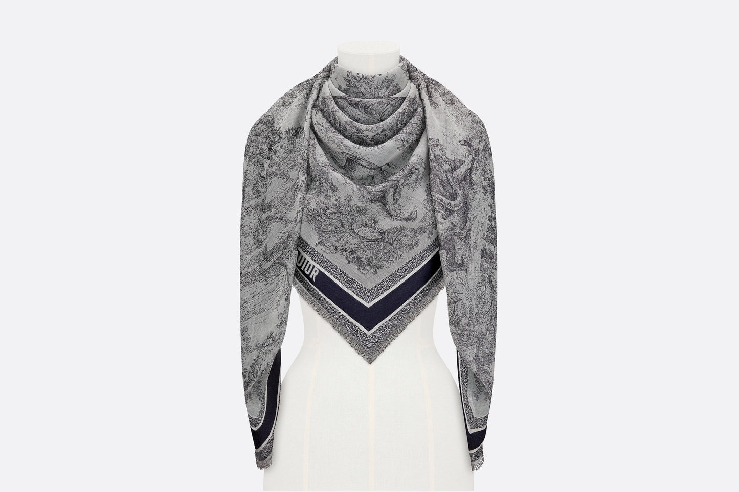 Toile de Jouy Shawl  • Ivory and Blue Wool, Silk and Cotton