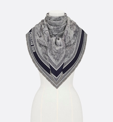 Toile de Jouy Shawl  • Ivory and Blue Wool, Silk and Cotton