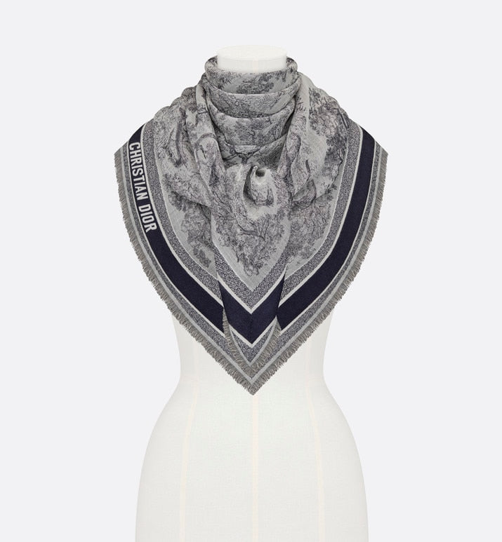 Toile de Jouy Shawl  • Ivory and Blue Wool, Silk and Cotton