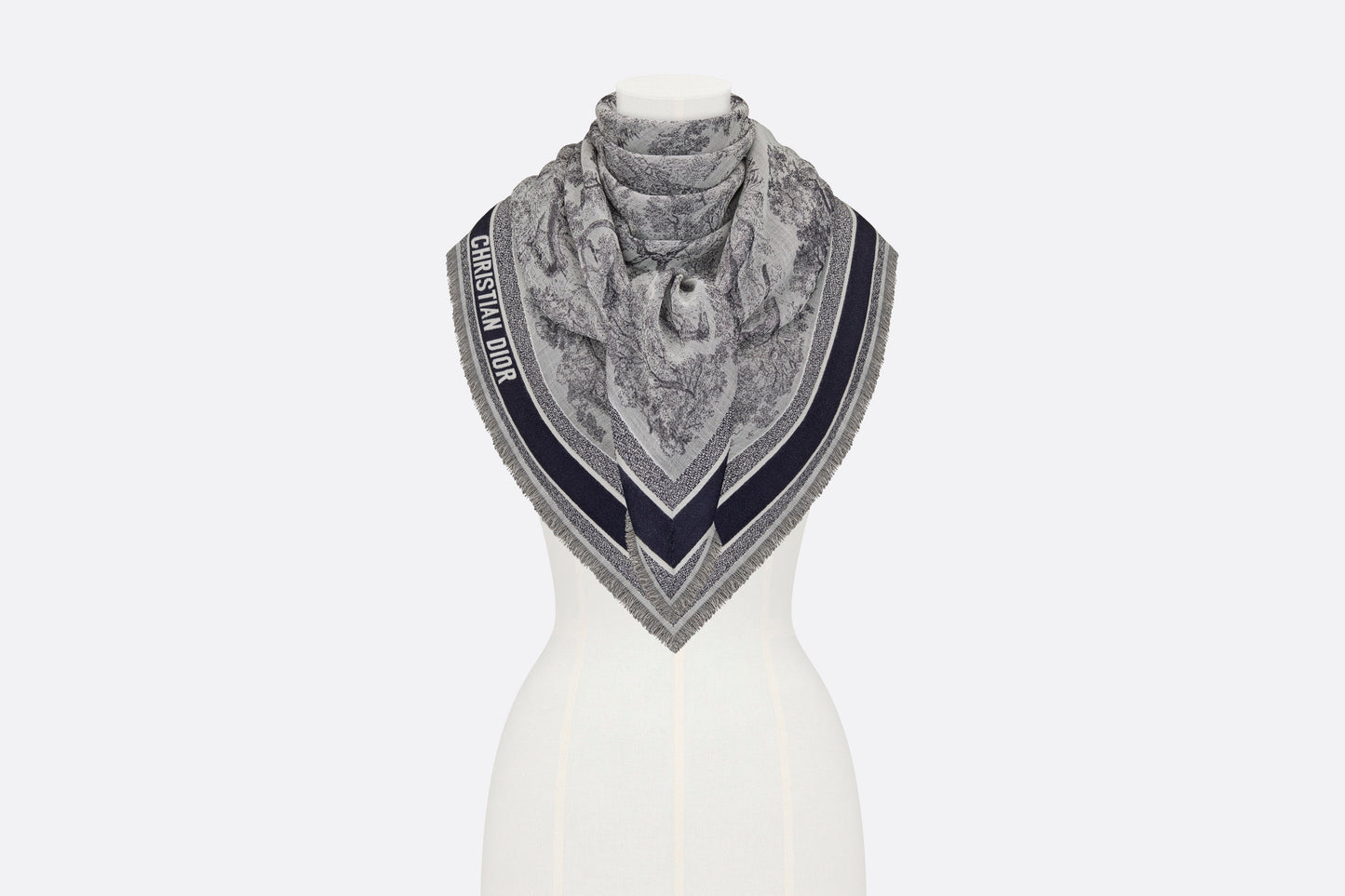 Toile de Jouy Shawl  • Ivory and Blue Wool, Silk and Cotton