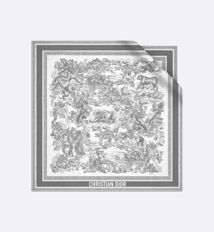 Toile de Jouy Sauvage 90 Square Scarf • Ivory and Gray Silk Twill