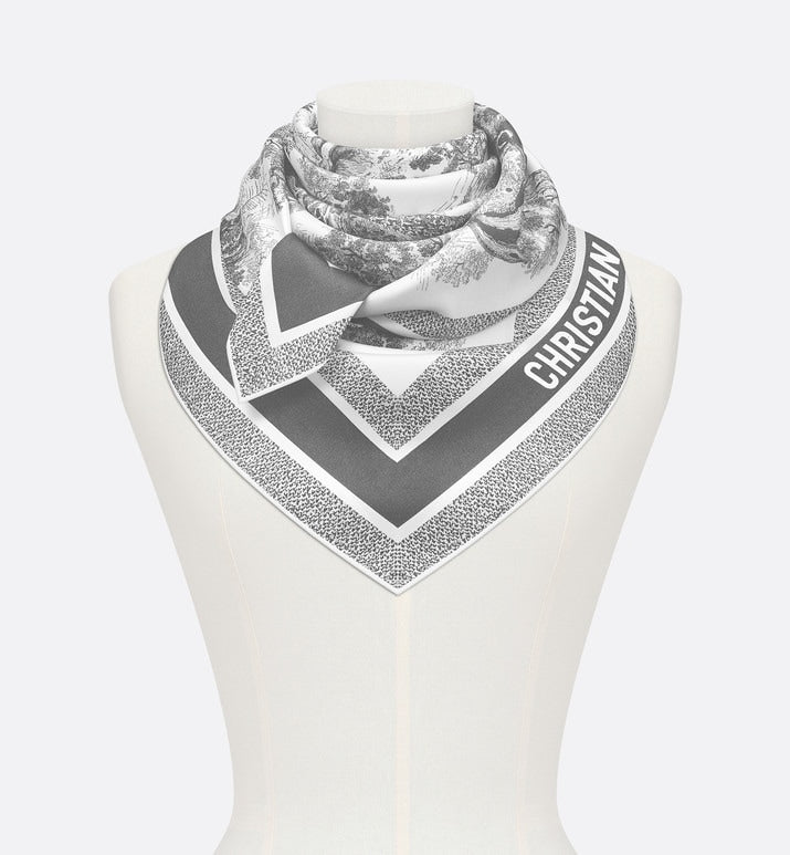 Toile de Jouy Sauvage 90 Square Scarf • Ivory and Gray Silk Twill